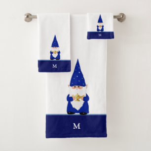 Magic Gnome & Monogram on Blue and White Bath Towel Set