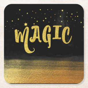 *~* MAGIC Gold & Black Chic Magical Good Vibes Square Paper Coaster