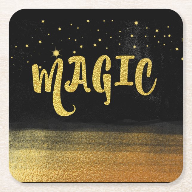 *~* MAGIC Gold & Black Chic Magical Good Vibes Square Paper Coaster (Front)