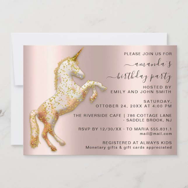 Magic Gold  Unicorn Horse Birthday Party Invitation (Front)
