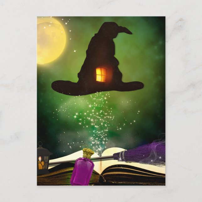 Magic Hat & Magical Spell Book Whimsical Halloween Postcard (Front)