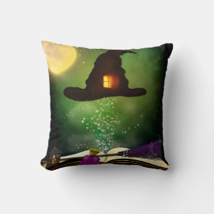 Magic Hat & Magical Spell Book Whimsical Halloween Throw Pillow