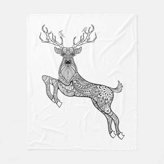Magic Horned Deer With Birds Doodle Fleece Blanket (Front)