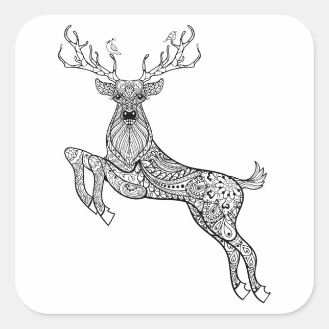 Magic Horned Deer With Birds Doodle Square Sticker (Front)