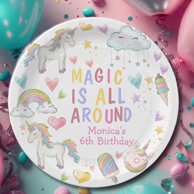 Magic is all around pastel unicorn birthday paper plate (Creator Uploaded)