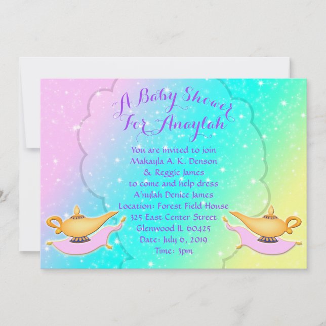 Magic Lamp Carpet Arabian Nights Girl Baby Shower Invitation (Front)