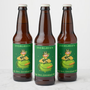 Magic leprechaun & pot of gold on green beer bottle label