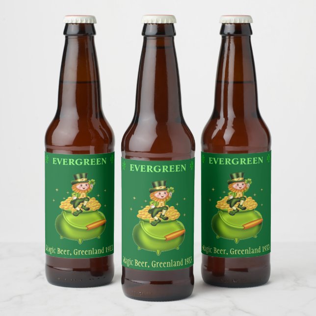 Magic leprechaun & pot of gold on green beer bottle label (Bottles)
