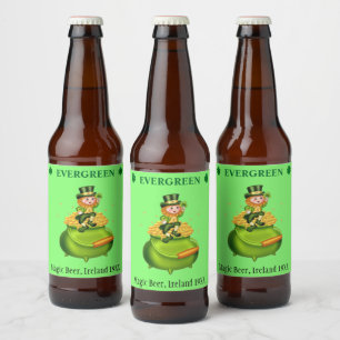 Magic leprechaun & pot of gold on neo mint green beer bottle label