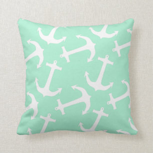 Magic Mint and White Anchors Throw Pillow