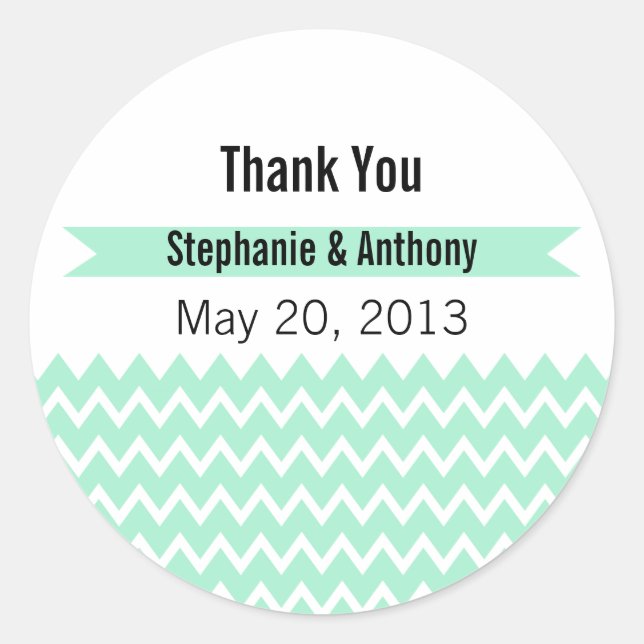 Magic Mint and White Chevron Pattern Thank You Classic Round Sticker (Front)