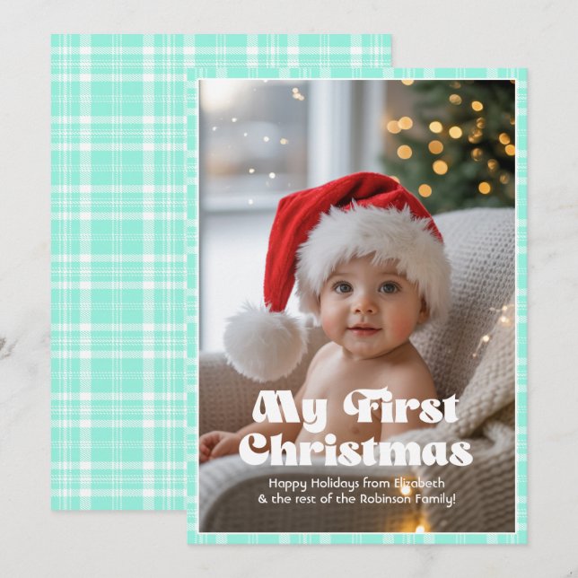 Magic Mint Gingham My First Christmas Baby Holiday Card (Front/Back)