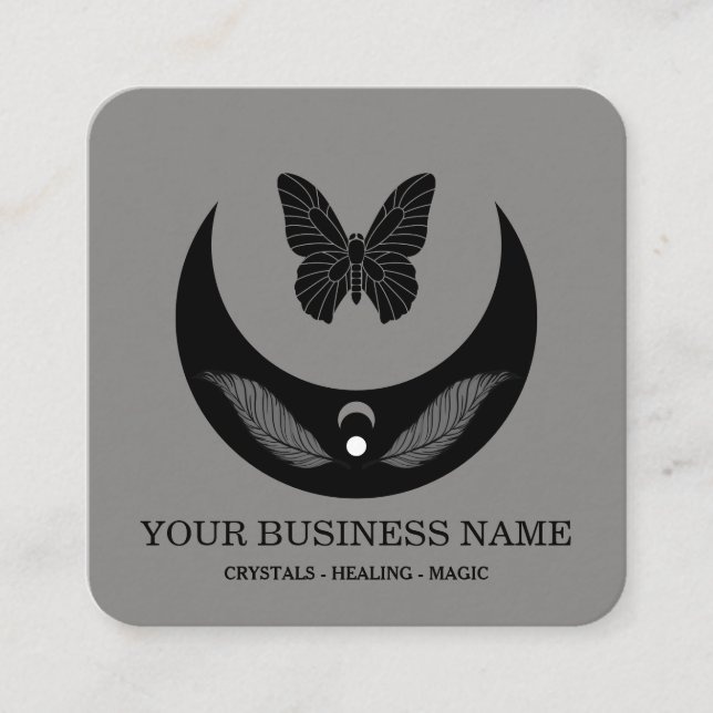 Magic Moon Feathers Moth Boho Universe Square Business Card (Front)