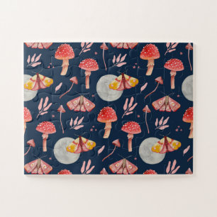 Magic moth and mushroom pattern. Woodland night  Jigsaw Puzzle
