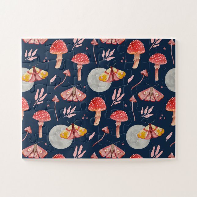 Magic moth and mushroom pattern. Woodland night  Jigsaw Puzzle (Horizontal)