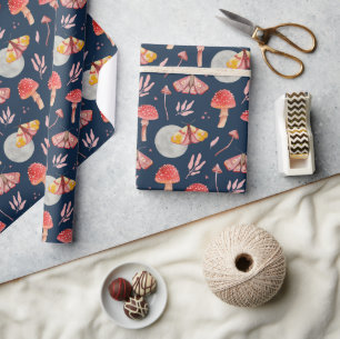 Magic moth and mushroom pattern. Woodland night Wrapping Paper