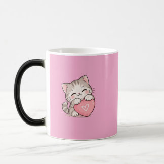 Magic Mug Rose cœur avec chat mignon – Chat Kawaii adora