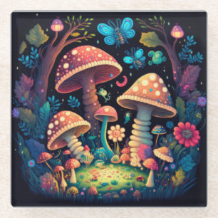 Magic mushrooms butterflies      glass coaster