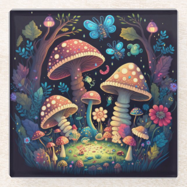Magic mushrooms butterflies      glass coaster (Front)