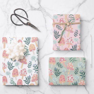 Magic Mushrooms Forest Pattern Pink Green Wrapping Paper Sheet