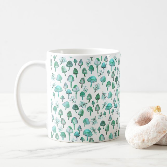 Magic Mushrooms Watercolor Forest Pattern Coffee Mug (With Donut)