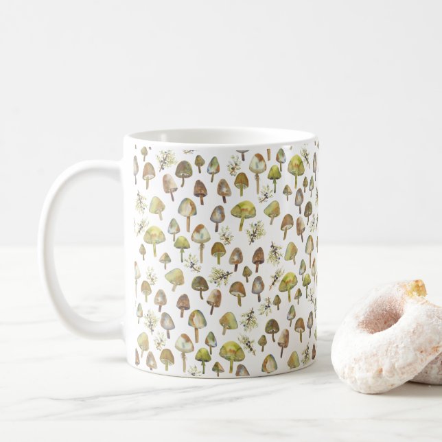 Magic Mushrooms Watercolor Forest Pattern Coffee Mug (With Donut)