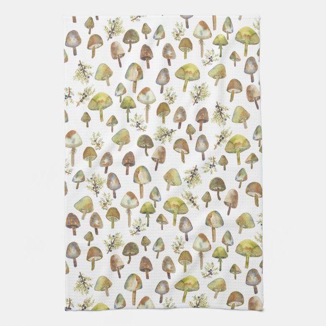 Magic Mushrooms Watercolor Forest Pattern Kitchen Towel (Vertical)