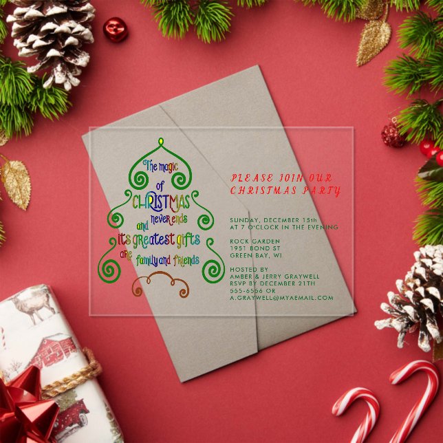 Magic of Christmas Typography in Tree Shape Acrylic Invitations (Insitu (Holiday))