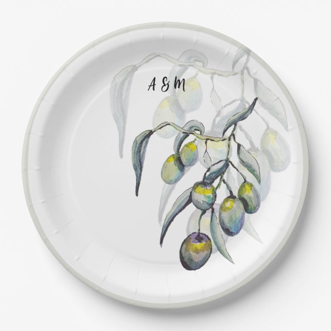 Magic Olive Branch Watercolor Hand-painted Paper Plate (Front)