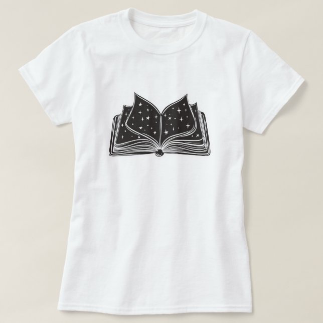 Magic Open Spellbook – Stars and Wizardry T-Shirt (Design Front)