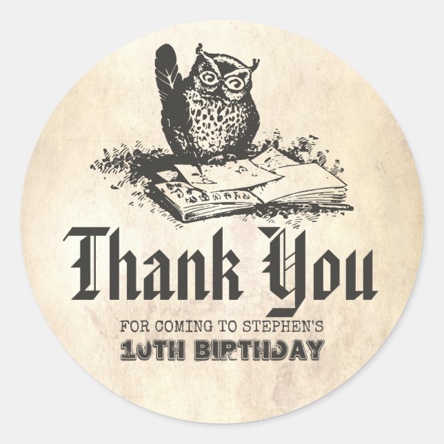 Magic Owl Birthday Thank You Classic Round Sticker (Front)