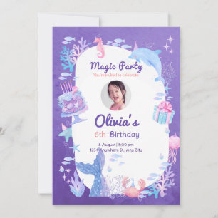 Magic party mermaid theme birthday celebration  invitation