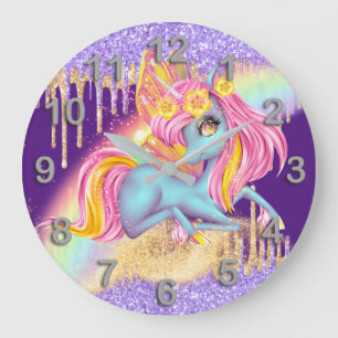 Magic rainbow ice unicorn pink purple glitter large clock
