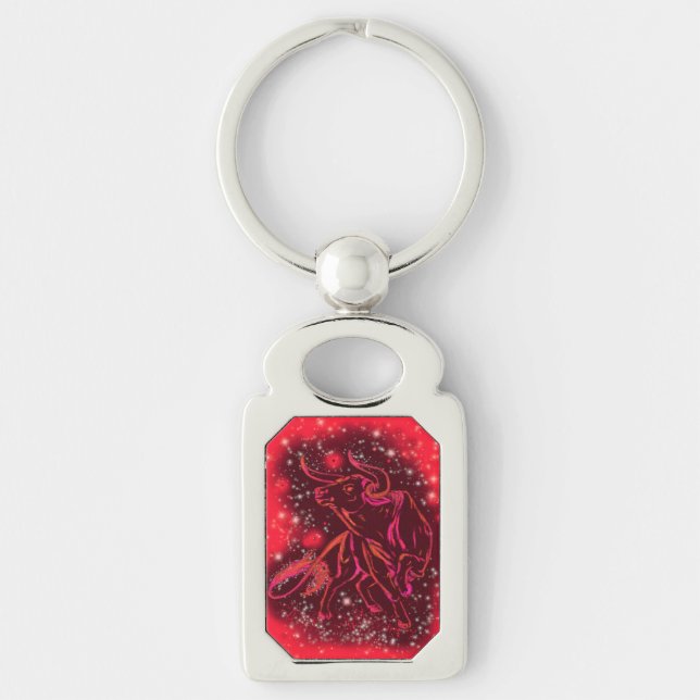 Magic Red Neon Bull Running - Amazing Starry Night Keychain (Front)