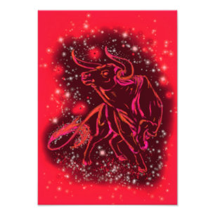 Magic Red Neon Bull Running - Amazing Starry Night Photo Print