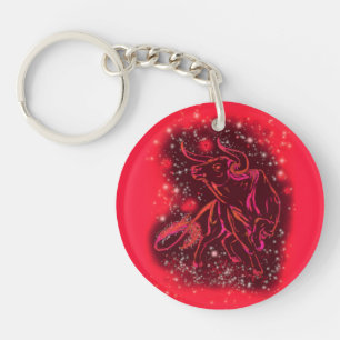 Magic Red Neon Bull Running At Starry Night Keychain