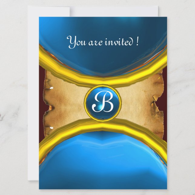 MAGIC RINGS ,MONOGRAM parchment gem blue Invitation (Front)
