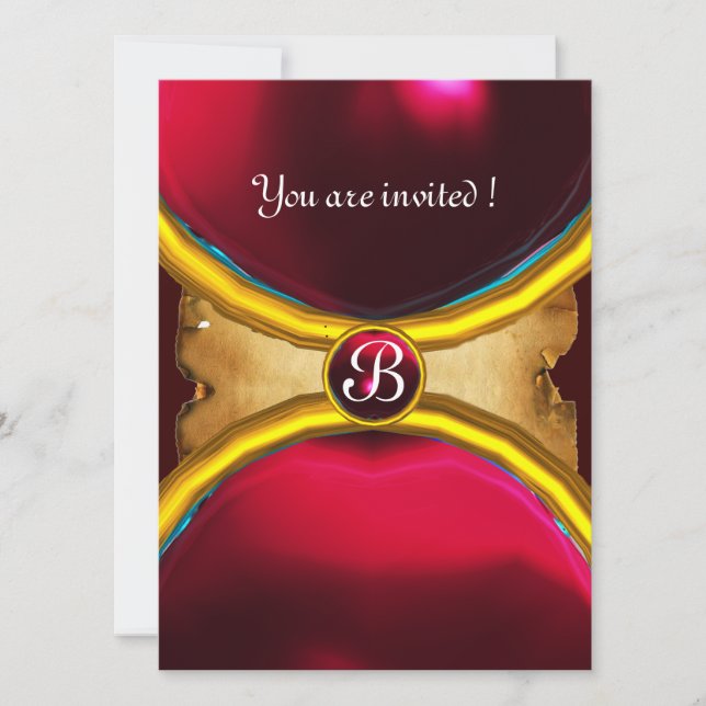 MAGIC RINGS ,MONOGRAM parchment gem red burgundy Invitation (Front)
