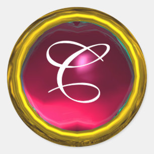 MAGIC RUBY MONOGRAM bright vibrant yellow pink red Classic Round Sticker