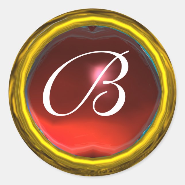 MAGIC RUBY MONOGRAM bright vibrant yellow red Classic Round Sticker (Front)