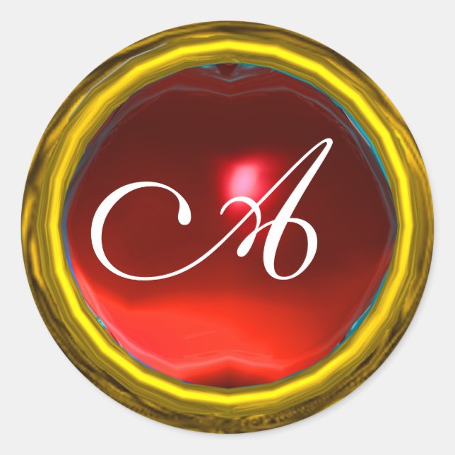 MAGIC RUBY MONOGRAM bright vibrant yellow red Classic Round Sticker (Front)