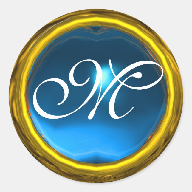 MAGIC SAPPHIRE MONOGRAM bright vibrant yellow blue Classic Round Sticker (Front)