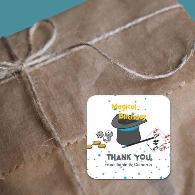 Magic Show Joint Birthday Thank You from Names Square Sticker (Magic Show Joint Birthday Thank You from Names Square Sticker, Black-White, Blue, Custom Text, Color)