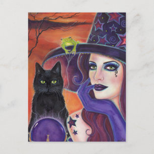 Magic spell Halloween witch with black cat. Postcard