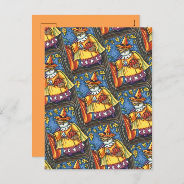 MAGIC SPELLS AND HALLOWEEN HOOTS, OWL WIZARD HOLIDAY POSTCARD (Front/Back)