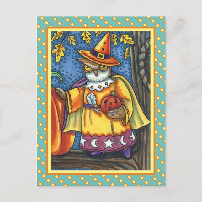 MAGIC SPELLS AND HALLOWEEN HOOTS, OWL WIZARD HOLIDAY POSTCARD (Front)
