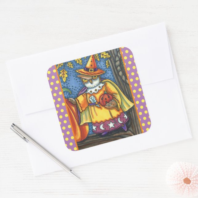 MAGIC SPELLS AND HALLOWEEN HOOTS, OWL WIZARD SQUARE STICKER (Envelope)