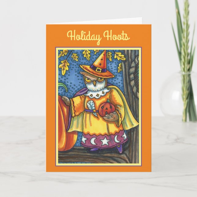 MAGIC SPELLS AND HALLOWEEN HOOTS, OWL WIZARD Text Holiday Card (Front)