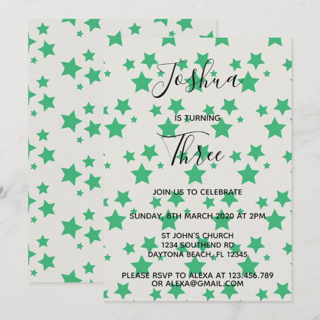 Magic Star birthday invitation Gray Green (Front/Back)