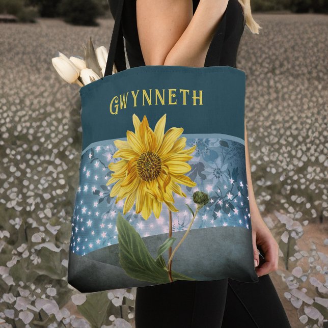 Magic Sunflower with Teal Starry Sky Monogram Tote Bag (Creator Uploaded)